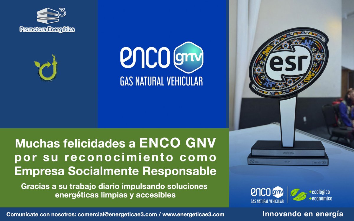 Muchas felicidades a ENCO GNV por su reconocimiento como Empresa Socialmente Responsable
Gracias a su trabajo diario impulsando soluciones energéticas limpias y accesibles

<a href="/EncoGNV/">Enco GNV</a>  #energiasustentable #ESR
