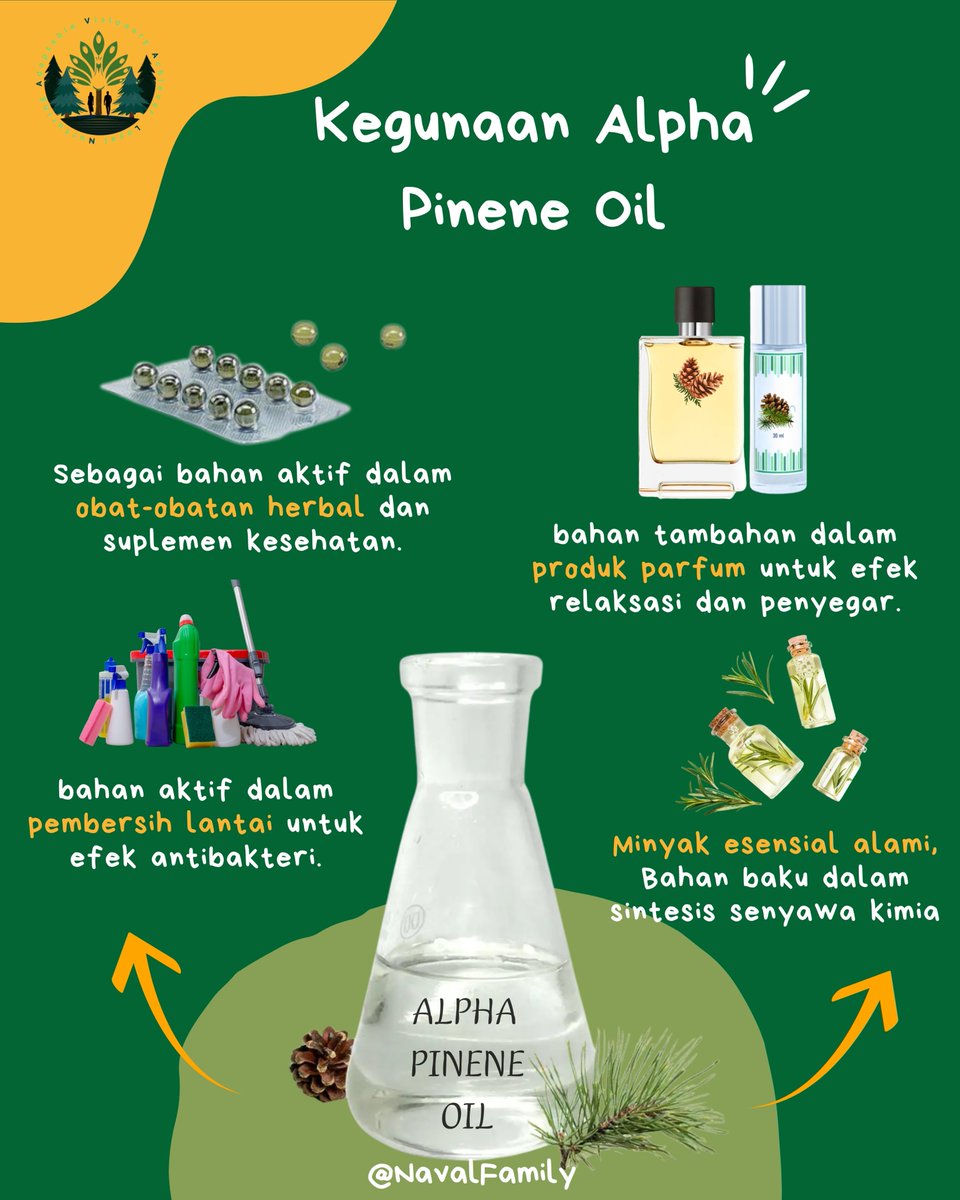 NavalFamily's tweet image. Kerja terbaik untuk rakyat Indonesia, Naval Group menyediakan produk Alpha-Pinene: Senyawa alami dari minyak terpentin dengan aroma khas hutan pinus.
Bau segar, manfaat segudang : dari parfum hingga produk kesehatan!
Inovasi alami, solusi multi-fungsi.
#AlphaPinene #TurpentineOil
