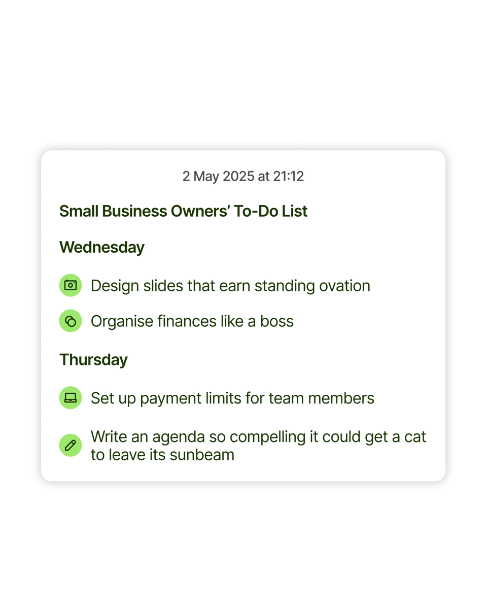 Real notes of a business owner: ✅ Send invoice ✅ Chase invoice ✅ Chase invoice again...

We get it - sometimes the to-do list never ends. Writing down even the smallest wins helps (because crossing things off feels so good). What’s the most satisfying task to tick off? 👇