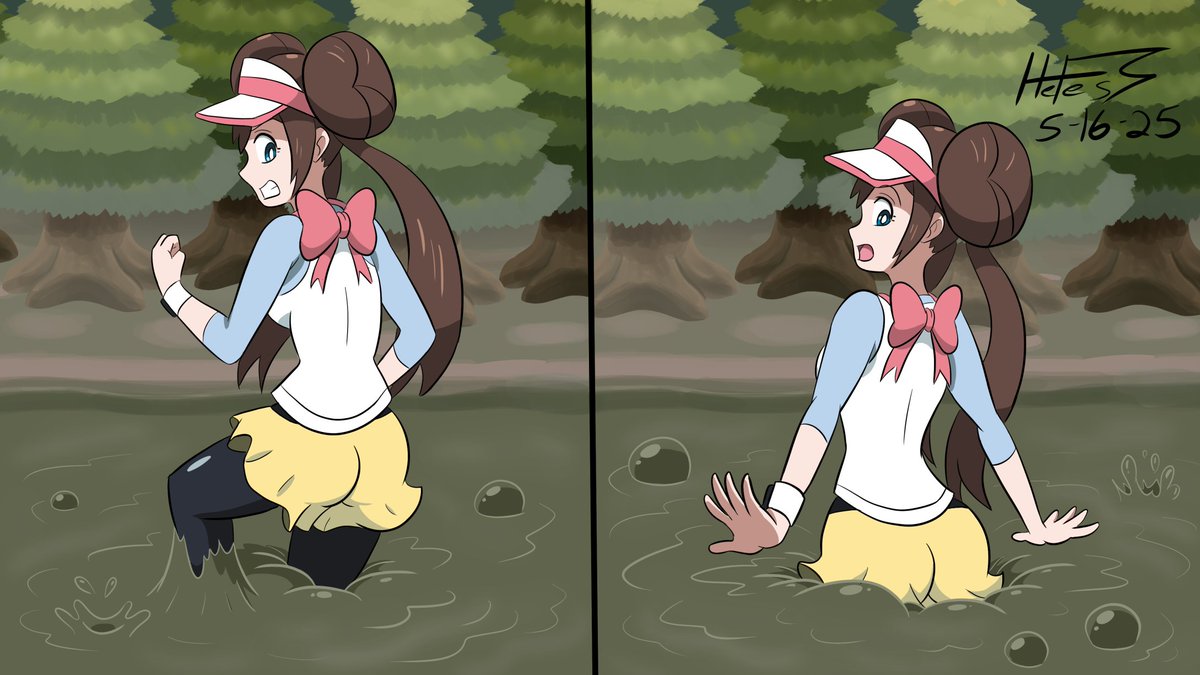 Part 2:
Rosa twists and turns her legs in the sticky swamp, only to sink faster and deeper, right up to her rear. This Rosa is going to have a hard time plucking herself from this soil, but she's just as red from embarrassment ;D
#Pokemon #quicksand