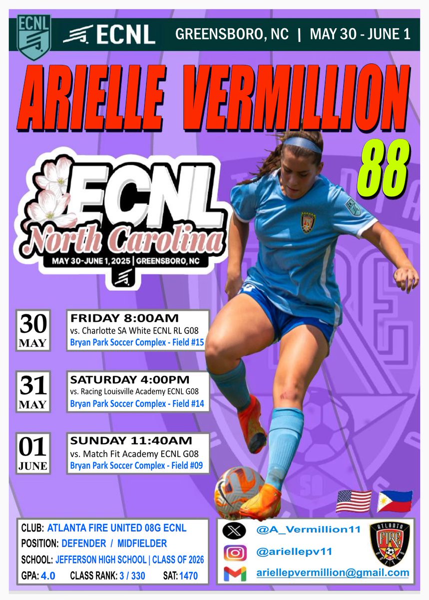 Final showcase of the 24/25 season.  Coaches- hope to see you at our games!  Check out my highlights at youtube.com/@a_vermillion1…

<a href="/ECNLgirls/">ECNL Girls</a> <a href="/AFU_2008_ECNL/">Atlanta Fire United 08G ECNL</a> <a href="/ECNLSoutheast/">ECNL Southeast Girls</a> <a href="/ImYouthSoccer/">ECNL/GA/Recruiting/College Soccer</a> <a href="/ImCollegeSoccer/">College Soccer Truth ™</a> <a href="/TopDrawerSoccer/">TopDrawerSoccer</a> <a href="/atlantaunitedsa/">Atlanta Fire United</a> <a href="/PrepSoccer/">Prep Soccer ⚽️</a> <a href="/jtownsoccer/">Jefferson Soccer</a> <a href="/PilipinasWNFT/">Philippine Women's National Football Team</a>