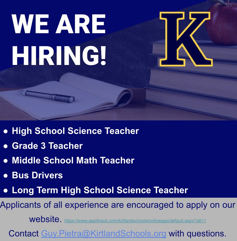 We are hiring. Applicants of all experience levels are encouraged to apply on our website. applitrack.com/kirtlandschool…
Contact Guy.Pietra@KirtlandSchools.org with questions. #hornetpride