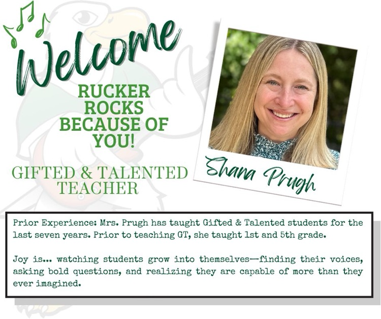We are thrilled to introduce Ms. Prugh, our new Gifted &amp; Talented Specialist! Your passion for nurturing curious minds and fostering creativity will undoubtedly inspire our students. We can’t wait to see the amazing things you’ll accomplish with our Rucker students.