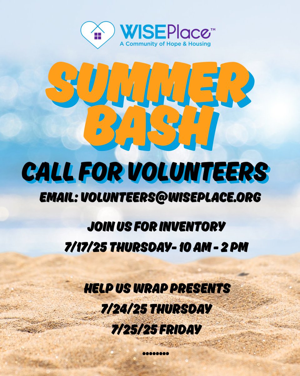 WISEPlace (@wiseplace) on Twitter photo Help kick-off the summer season by taking inventory of our much-needed donated items for our #WISEPlace #SummerBash or help us wrap them. Email. volunteers@wiseplace.org to volunteer! Help kick-off the summer season by taking inventory of our much-needed donated items for our #WISEPlace #SummerBash or help us wrap them. Email. volunteers@wiseplace.org to volunteer!