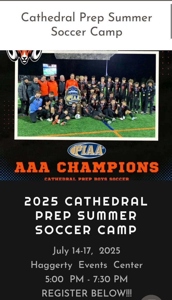 Cathedral Prep Summer Soccer Camp registration is now Open. Camp will take place July 14-17 at Hagerty Events Center. Register today! stsocceracademy.com