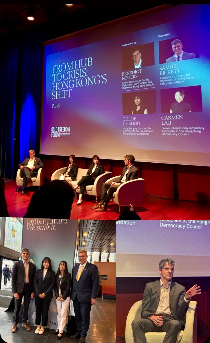 Samuel Bickett (@samuelbickett) on Twitter photo It was a successful, well attended panel today on Hong Kong at <a href="/OsloFF/">Oslo Freedom Forum (OFF)</a> with brilliant friends and colleagues <a href="/Chloe_chc_25/">Chloe Cheung 張晞晴</a>, <a href="/carmenkamanlau/">Carmen Lau 劉珈汶</a> & <a href="/benedictrogers/">Benedict Rogers 羅傑斯</a>. Hong Kong’s financial and trade infrastructure have been repurposed to advance authoritarianism at home and abroad. It was a successful, well attended panel today on Hong Kong at <a href="/OsloFF/">Oslo Freedom Forum (OFF)</a> with brilliant friends and colleagues <a href="/Chloe_chc_25/">Chloe Cheung 張晞晴</a>, <a href="/carmenkamanlau/">Carmen Lau 劉珈汶</a> & <a href="/benedictrogers/">Benedict Rogers 羅傑斯</a>. Hong Kong’s financial and trade infrastructure have been repurposed to advance authoritarianism at home and abroad.