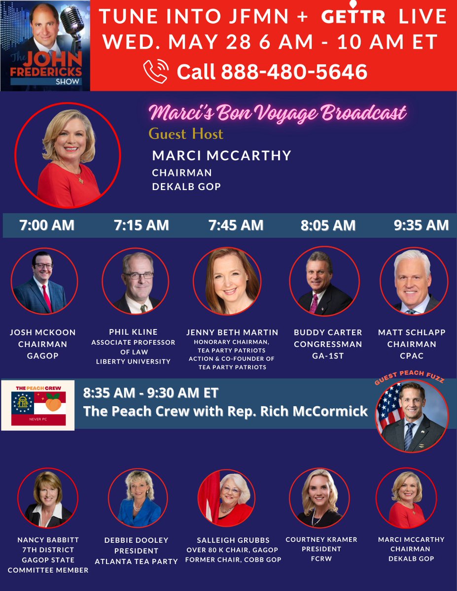 jfradioshow's tweet photo. While @jfradioshow is on vacation, tune in on Wed, May 28 from 6–10 AM ET for a special Bon Voyage Broadcast as @MarciMcCarthyUS  guest hosts before heading to D.C. to join @CISAgov as Director of Public Affairs. 🇺🇸

7:00 @JoshMcKoon
7:45 @jennybethm
8:05 @Buddy_Carter
8:35 @GApeachcrew with @RichforGA
9:35 @mschlapp of @CPAC

Taking Your Calls!!! 888-480-JOHN (5646)
Download the APP @GETTRLIVE https://t.co/kDVVvWErls…
https://t.co/9RXEztSItB
#JFRS .#Wednesday #GodzillaOfTruth
