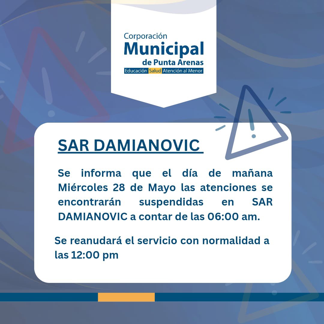 🔴 Atención #Puq 📣📣📣 pon atención a información de #CORMUPA sobre suspensión atenciones de manera excepcional en horario de 06.00 AM a 12.00 PM en #SAR Damianovic <a href="/SeremiSalud_XII/">SEREMI de Salud Magallanes</a>