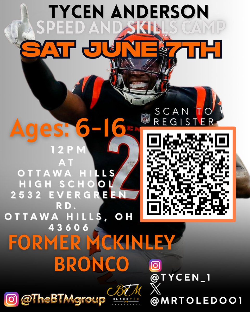 Tycen Anderson Speed &amp; Skills Camp

SAT
June 7, 2025
12pm-2pm

Ottawa Hills High School 

Scan QR code or Click Link to register:
docs.google.com/forms/d/1ApS2Z…

#BlackTieManagementGroup
#BlackTieManagement
#TheBTMgroup
#BlackTieMG
#TycenAnderson
<a href="/MrToledo01/">Tycen Anderson</a>