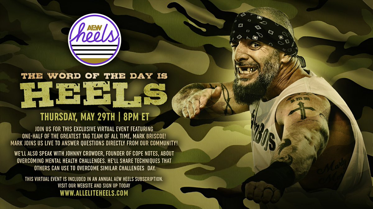 AEW Heels (@aew_heels) on Twitter photo THIS THURSDAY @ 8pm! Join us for an exclusive virtual event for AEW Heels!
🐓 Q&A session w/ Mark Briscoe (<a href="/SussexCoChicken/">Mark Briscoe</a>)
🧠 Hear from <a href="/copenotes/">Cope Notes®</a> founder Johnny Crowder for Mental Health Awareness Month
🥳 Exciting announcements!
Tune in 📺 AllEliteHeels.com THIS THURSDAY @ 8pm! Join us for an exclusive virtual event for AEW Heels!
🐓 Q&A session w/ Mark Briscoe (<a href="/SussexCoChicken/">Mark Briscoe</a>)
🧠 Hear from <a href="/copenotes/">Cope Notes®</a> founder Johnny Crowder for Mental Health Awareness Month
🥳 Exciting announcements!
Tune in 📺 AllEliteHeels.com