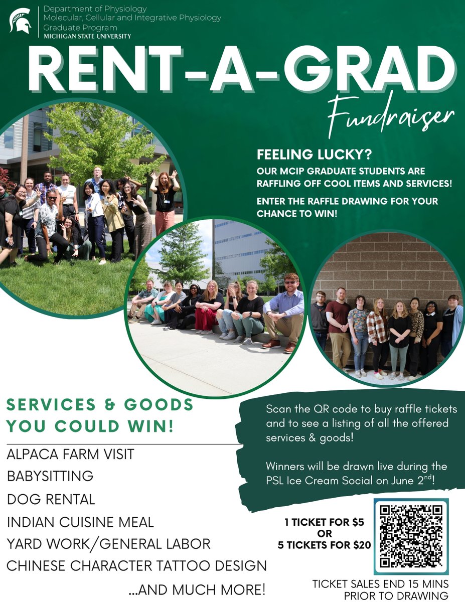 Want to win cool stuff and support grad students? Enter our Rent-A-Grad Fundraiser Raffle!
#msupsl #physiology #mcip #mcipandme #rentagrad #fundraiser #graduateschool #msu #spartans
