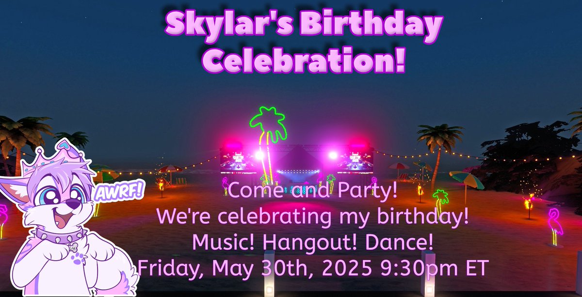 This Friday, I am celebrating my birthday.  A lot of people were at FWA during the time of my birthday, and I want to be able to celebrate it with my friends. Join me at 9:30pm ET on VRChat!
Join my group to get to the party.  vrchat.com/home/group/grp…