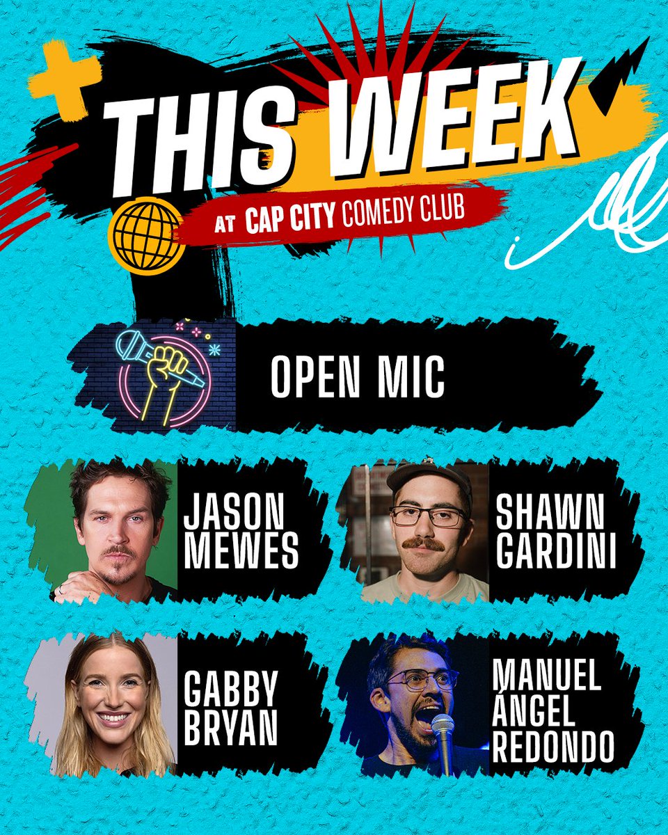 Cap City Comedy Club (@capcitycomedy) on Twitter photo This Week at Cap City | Open Mic, Gabby Bryan, <a href="/ManuelAngel/">Manuel Ángel Redondo</a>, <a href="/shwangardini/">shawn gardini</a>, + <a href="/JayMewes/">Jay Mewes</a>!
Grab your tickets now: bit.ly/3hTxS3n This Week at Cap City | Open Mic, Gabby Bryan, <a href="/ManuelAngel/">Manuel Ángel Redondo</a>, <a href="/shwangardini/">shawn gardini</a>, + <a href="/JayMewes/">Jay Mewes</a>!
Grab your tickets now: bit.ly/3hTxS3n