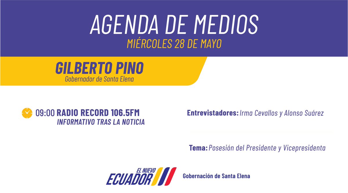 gobersantaelena's tweet photo. 📻El gobernador @pinogasoc, cumplirá #AgendaDeMedios en #RadioRecord, manteniendo un diálogo con Irma Ceballos y Alonso Suárez.
🗓️28/05/2025
⏰ 09:00
#ElNuevoEcuador https://t.co/F1U4dxwnpg
