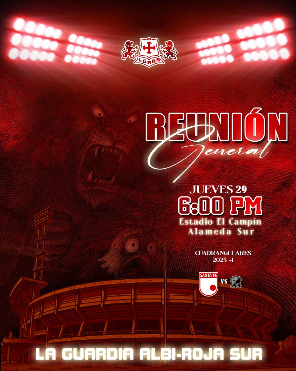 Reunión General 🚨 

Invitamos a toda la manada a nuestra reunión previa al clásico capitalino, últimos detalles de lo que se viene en estos cuadrangulares y la primera fecha donde nos veremos las caras con el segundo equipo de Bogotá.
Enfocados en que debemos, meterle presión a