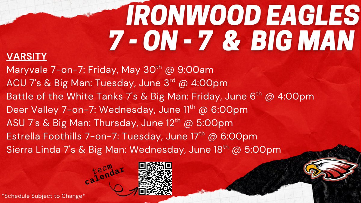 🏈 Ironwood Football: Summer Grind Begins! 🦅

The <a href="/IronwoodFball/">Ironwood Eagles Football</a> Eagles are putting in the work this summer! From intense practices and conditioning to showcasing our skills at 7-on-7's and Big Man Competitions — this team is all in. #LevelUp

We’re excited to show the rest of