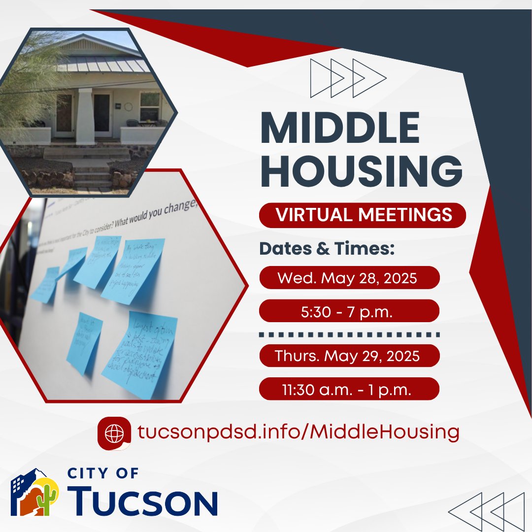 Your voice matters! Share your thoughts on Middle Housing in Tucson at one of this week's virtual meetings. Wed 5/28, 5:30 p.m. &amp; Thu, 5/29 11:30 a.m.Registration required: tucsonpdsd.info/MiddleHousingM… tucsonpdsd.info/MiddleHousingM…