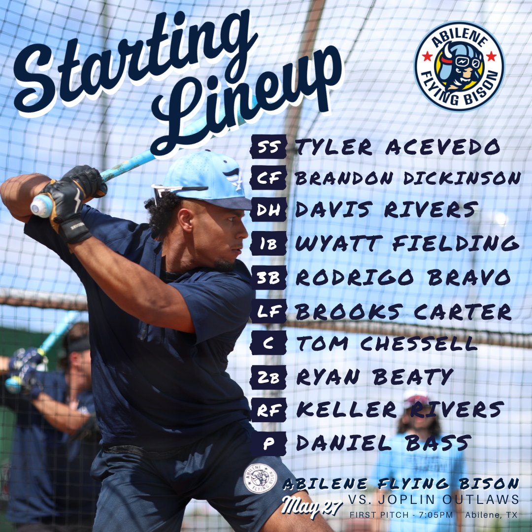Abilene Flying Bison (@abiflyingbison) on Twitter photo THE BISON ARE BACK, BABY! The Flying Faithful are taking over Walt Driggers for the 2025 Home Opener! Here's the starting lineup for your Abilene Flying Bison 🦬🪽
<a href="/josetylerace1/">Jose Tyler acevedo</a> <a href="/BrandonDickyy/">Brandon Dickinson</a> <a href="/realDavisRivers/">Catch_DavisRivers</a> <a href="/wyatt_fielding/">Wyatt Fielding</a> <a href="/Rodrigo_bravo31/">Rodrigo Bravo</a> <a href="/Brooks_Carter9/">Brooks carter</a> <a href="/Tomchessell2024/">Tom chessell</a> THE BISON ARE BACK, BABY! The Flying Faithful are taking over Walt Driggers for the 2025 Home Opener! Here's the starting lineup for your Abilene Flying Bison 🦬🪽
<a href="/josetylerace1/">Jose Tyler acevedo</a> <a href="/BrandonDickyy/">Brandon Dickinson</a> <a href="/realDavisRivers/">Catch_DavisRivers</a> <a href="/wyatt_fielding/">Wyatt Fielding</a> <a href="/Rodrigo_bravo31/">Rodrigo Bravo</a> <a href="/Brooks_Carter9/">Brooks carter</a> <a href="/Tomchessell2024/">Tom chessell</a>
