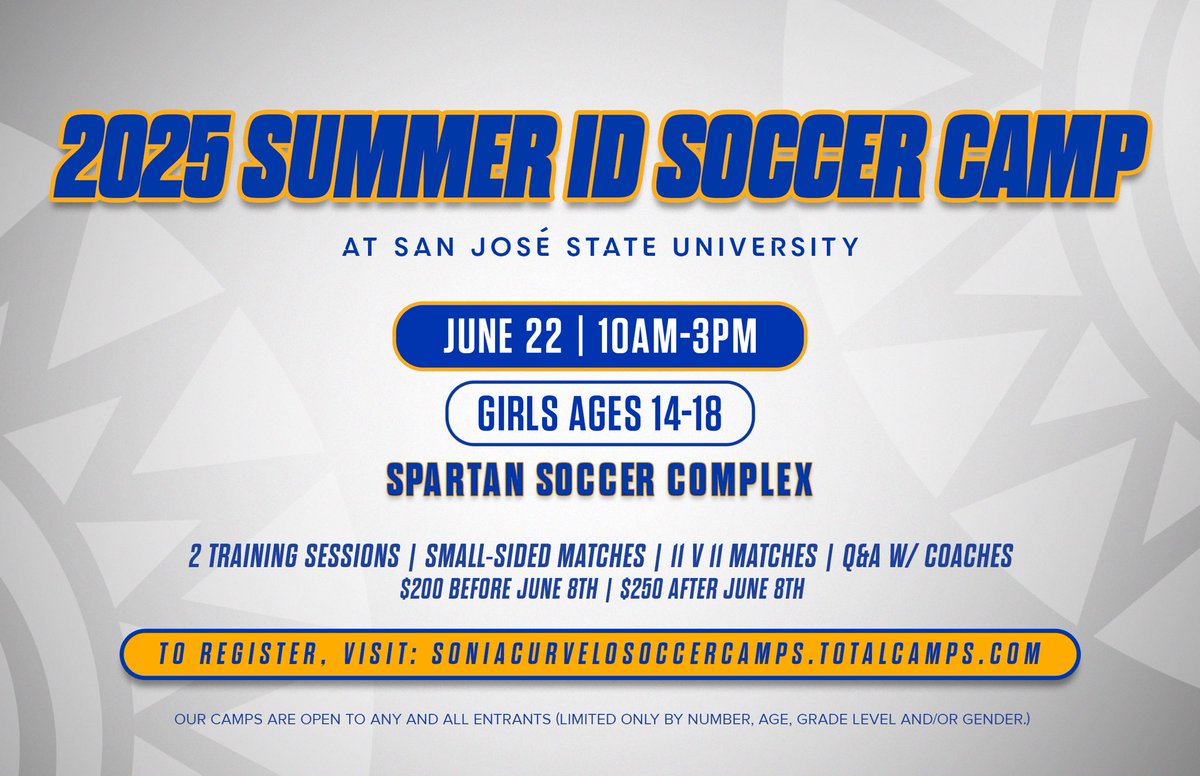 sjsuwsoc's tweet image. REGISTRATION IS NOW OPEN for the 2025 Summer ID Soccer Camp at San José State University⚽️‼️
⭐️ June 22 | 10am-3pm | Girls Ages 14-18
📍 Spartan Soccer Complex
To register, visit: soniacurvelosoccercamps.totalcamps.com