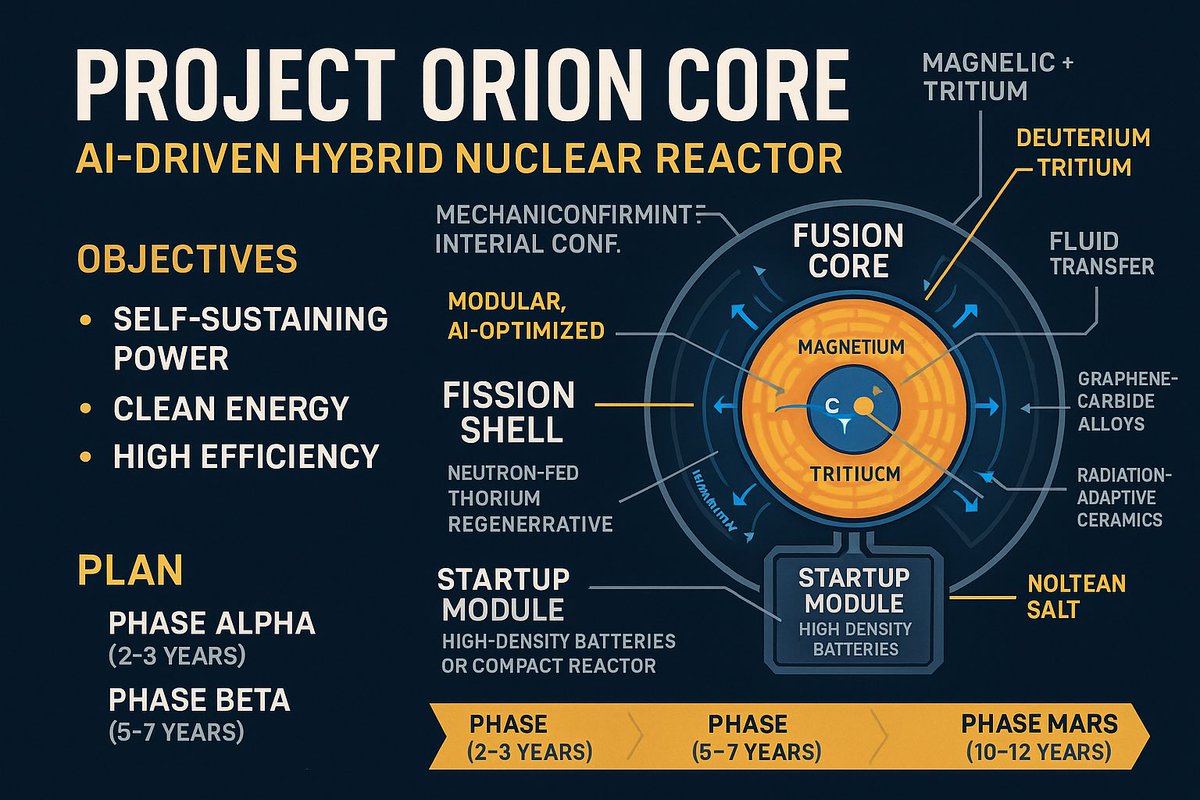 mcmarvincohen's tweet photo. @SpaceX @elonmusk —
You’re building Optimus. Colonizing Mars. Building Dojo.
But without infinite energy, it all collapses.
Here’s a plan to give humanity clean, autonomous power:
The ORION CORE
AI. Fusion. Fission. Materials.
Nobody built it yet. You could be the first. https://t.co/XRgQcIT6tc