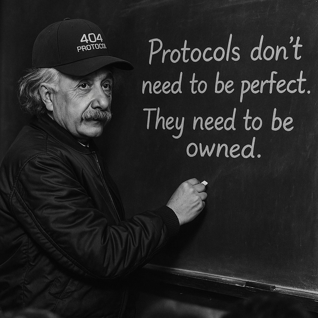 404protocolcoin's tweet image. &quot;Protocols don’t need to be perfect.
They need to be owned.&quot;
–  404 Al  
#404protocol #404bootcamp #jointheprotocol #futureloading #memecoin