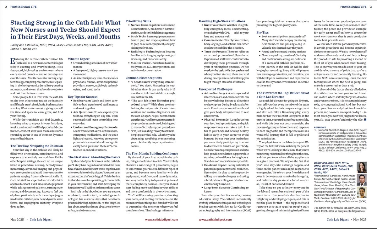 Bailey Ann Estes (@baileyannrn) on Twitter photo 🎉 Excited to share our latest article in <a href="/CathLabDigest/">Cath Lab Digest</a> : "Starting Strong in the Cath Lab – What New Nurses & Techs Should Expect" 🫀
A guide to help new team members hit the ground running in the #CCL.
Thanks to my amazing coauthors, <a href="/SrihariNaiduMD/">Srihari S. Naidu, MD</a> and <a href="/DPtheNP/">Derek Pineda</a>, for your 🎉 Excited to share our latest article in <a href="/CathLabDigest/">Cath Lab Digest</a> : "Starting Strong in the Cath Lab – What New Nurses & Techs Should Expect" 🫀
A guide to help new team members hit the ground running in the #CCL.
Thanks to my amazing coauthors, <a href="/SrihariNaiduMD/">Srihari S. Naidu, MD</a> and <a href="/DPtheNP/">Derek Pineda</a>, for your