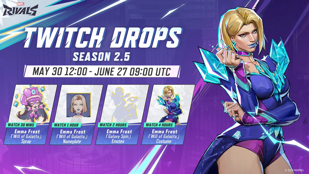 not_Codo_'s tweet photo. With a New #MarvelRivals Season comes New #twitch Drops. Earn a variety of Emma Frost Cosmetic Including:

Will of Galacta Spray, Will of Galacta Nameplate, Galaxy Spin Emotes &amp; Will of Galacta Costume. https://t.co/xTKN2YJOwl