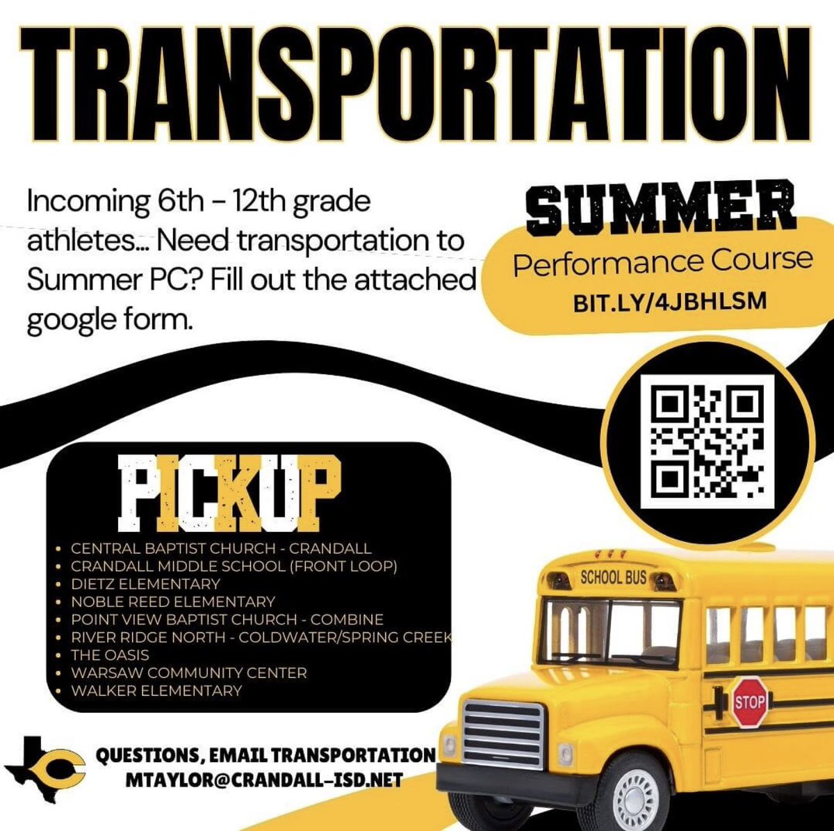 Crandall HS Baseball (@piratesluggers) on Twitter photo ATTENTION: Athletes attending Performance Course.
Anyone needing transportation to PC, there is still time to register.
If you have any questions concerning transportation, please contact mtaylor@crandall-isd.net or call the transportation office at 972-472-6000 ext 61007. ATTENTION: Athletes attending Performance Course.
Anyone needing transportation to PC, there is still time to register.
If you have any questions concerning transportation, please contact mtaylor@crandall-isd.net or call the transportation office at 972-472-6000 ext 61007.