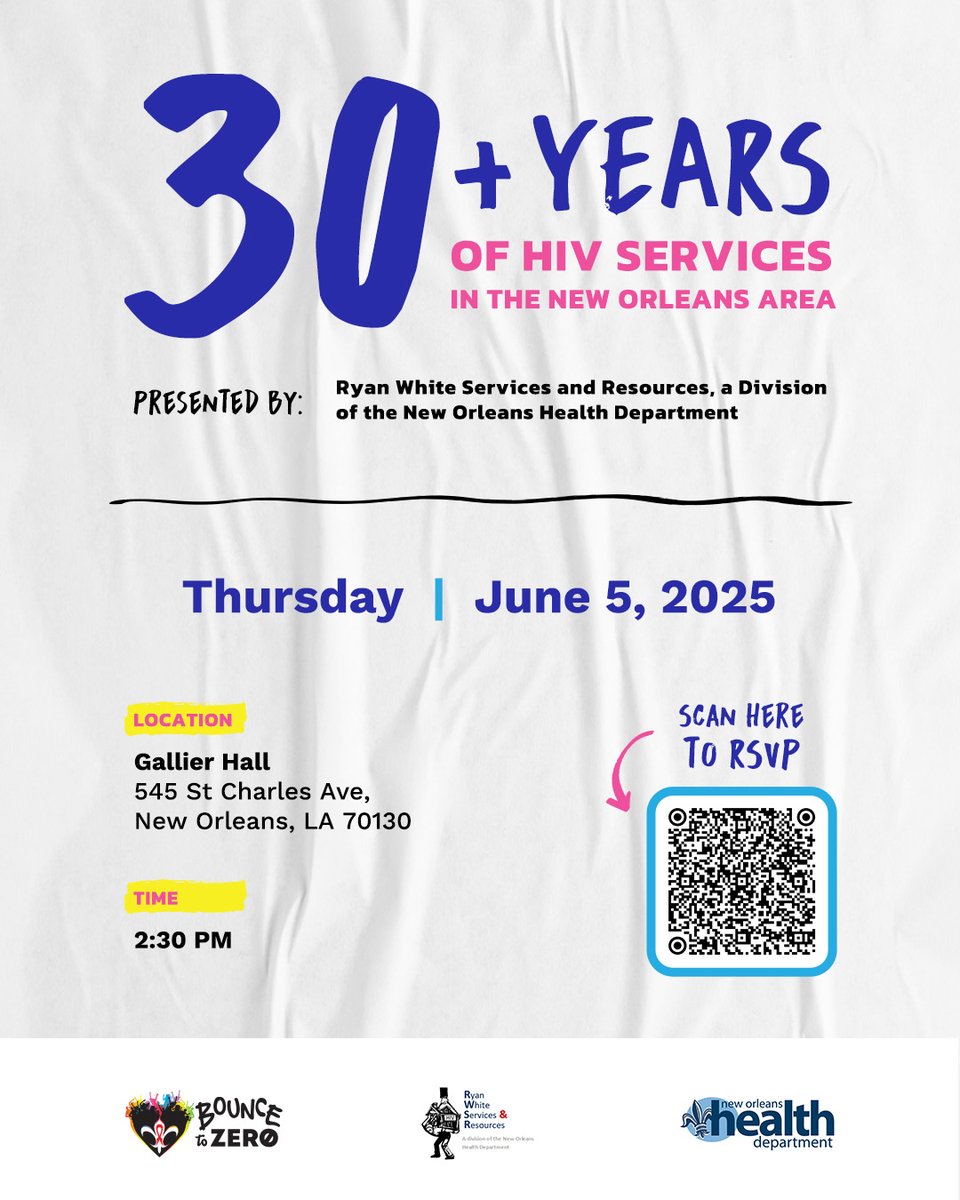 Bouncetozero's tweet image. 📣 On June 5, join us for a special event honoring HIV Long-Term Survivors Awareness Day—and celebrating over 30 years of HIV care, support, and advocacy in New Orleans.
🎟️ RSVP now and sign up for the FREE workshop: bit.ly/3ZzYUzy