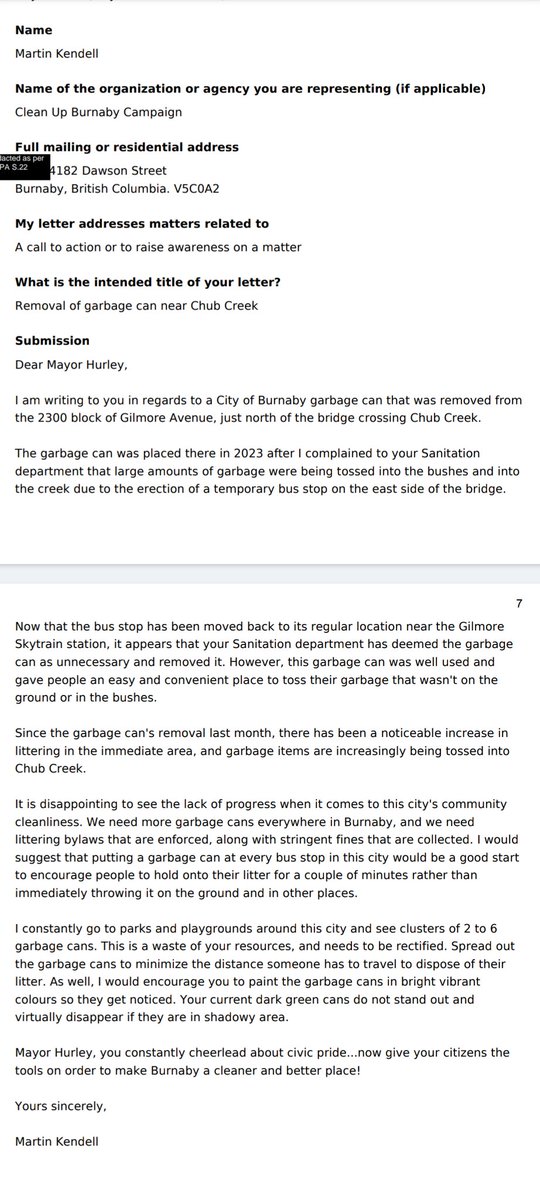 CleanUpBurnaby's tweet photo. In case you missed it...

I wrote a letter to Mayor Mike Hurley @MayorofBurnaby regarding the removal of a garbage can on Gilmore Avenue that has led to an increase of littering in the area. I also took the opportunity to address the overall community cleanliness in #Burnaby. https://t.co/9UUyiZssFZ