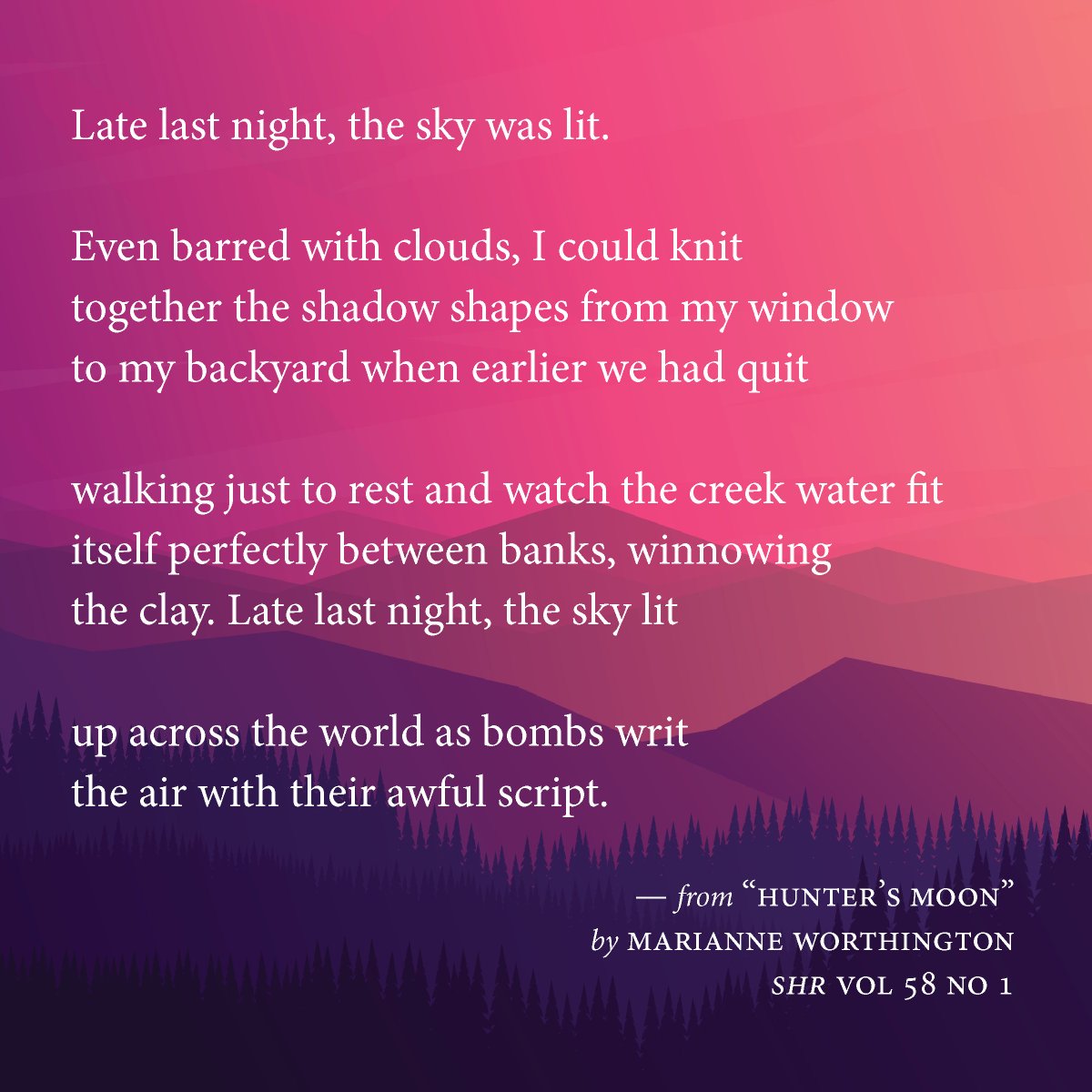 Watch the skies in "Hunter's Moon" by Marianne Worthington

Read the entire poem here: southernhumanitiesreview.com/581-hunters-mo…

#writingcommunity #litmag #poetry
