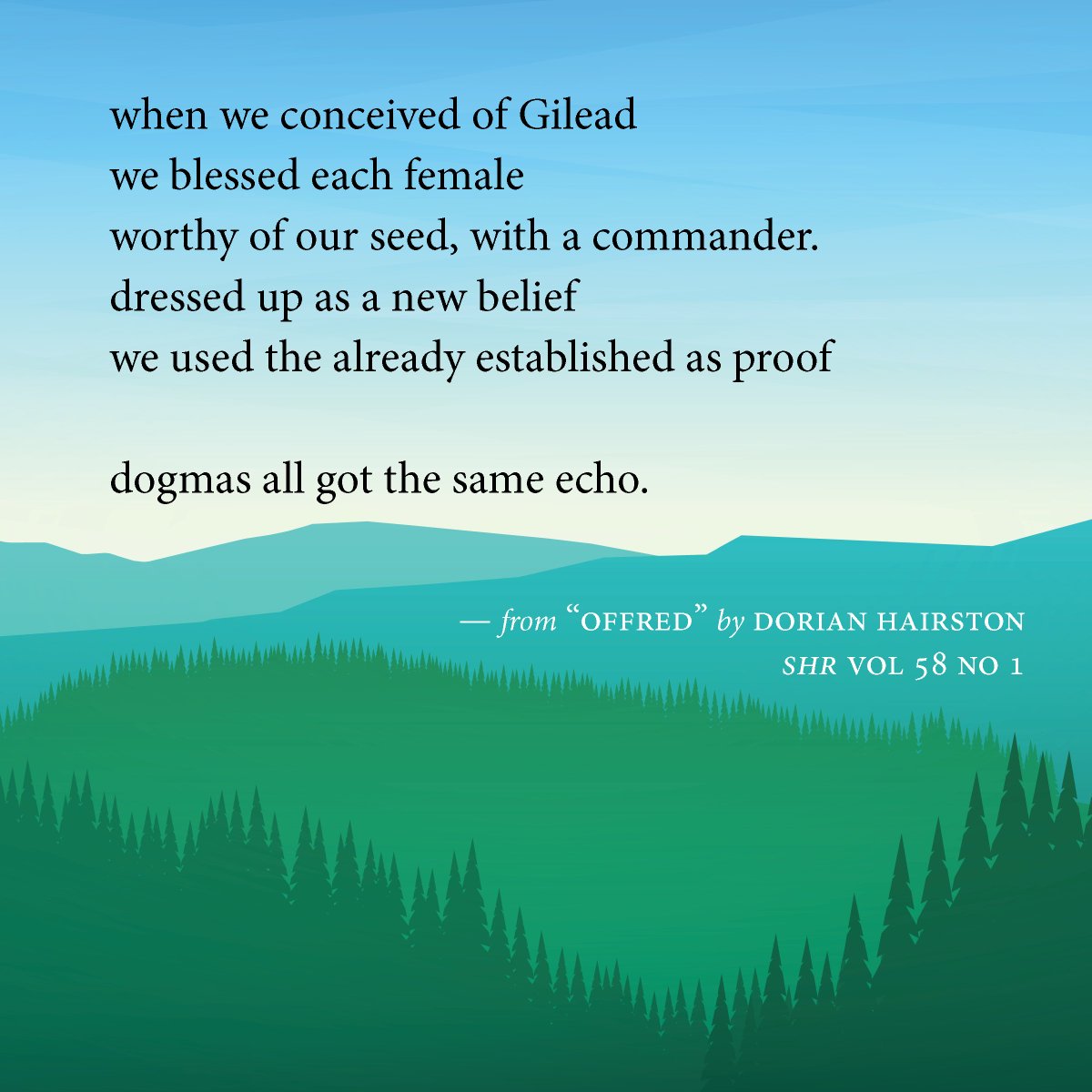 Follow dogma or else in "Offred" by Dorian Hairston.

Read more from our spring issue: southernhumanitiesreview.com/current-issue.…

#writingcommunity #litmag #poetry
