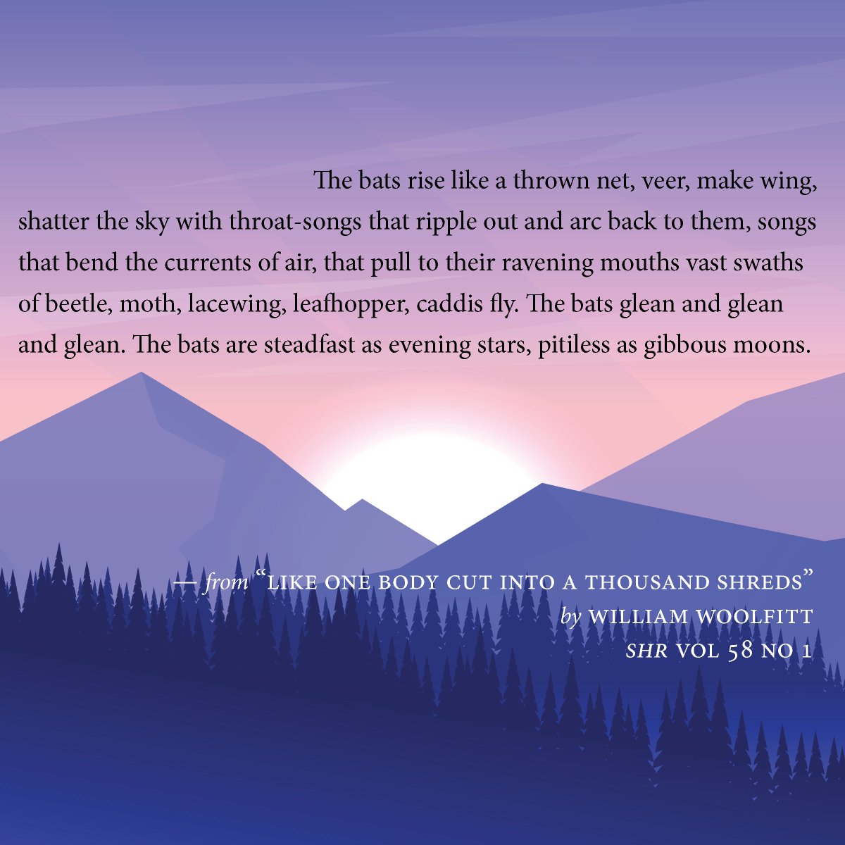 Make wing in "Like One Body Cut Into a Thousand Shreds" by William Woolfitt.

Read more from the Appalachian poetry feature in SHR 58.1: southernhumanitiesreview.com/current-issue.…

#litmag #writingcommunity #poetry