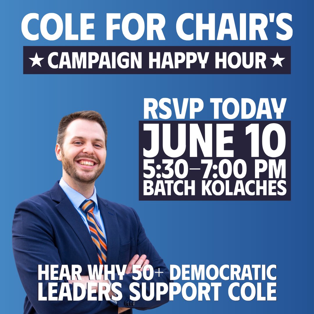 Since launching this campaign, I’ve been out meeting with Democrats across Travis County—now it’s time to come together.

Join me for a Campaign Happy Hour on Tues, June 10, 5:30–7 at Batch on Manor. 

Let’s connect. 🍻 RSVP: bit.ly/colehappyhour
