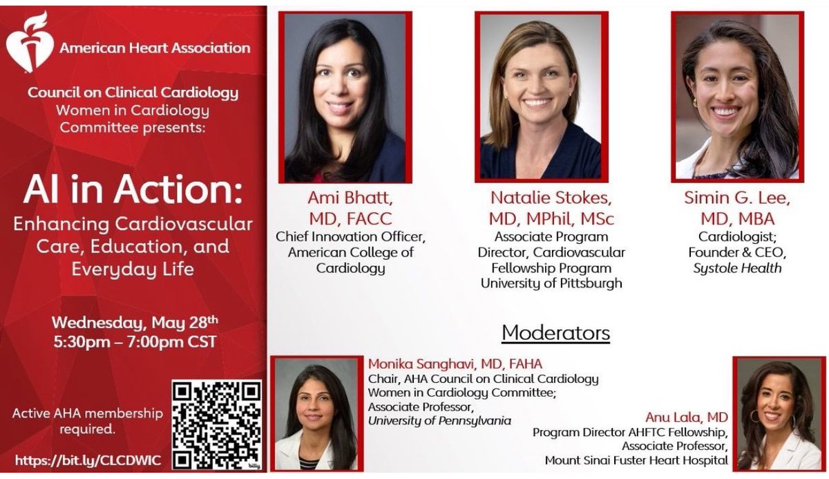 Anu Lala-Trindade (@dranulala) on Twitter photo Don’t you wish you could use #AI to 🤔
🫀deliver better care to pts?
🫀educate trainees more effectively?
🫀be more productive!?!?!
I do!!!
Join us as we learn from experts in these domains tomorrow night!!! Don’t miss it!
#AHAWIC <a href="/AHAScience/">AHA Science</a> Don’t you wish you could use #AI to 🤔
🫀deliver better care to pts?
🫀educate trainees more effectively?
🫀be more productive!?!?!
I do!!!
Join us as we learn from experts in these domains tomorrow night!!! Don’t miss it!
#AHAWIC <a href="/AHAScience/">AHA Science</a>