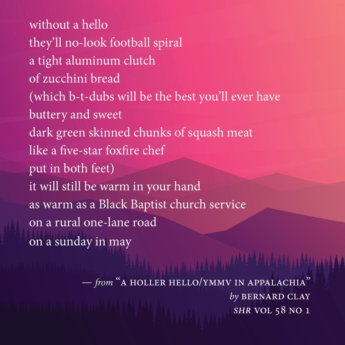 Say hello, or not, in "a holler hello/ymmv in appalachia" by Bernard Clay.

Read more Appalachian poetry: southernhumanitiesreview.com/current-issue.…

#litmag #writingcommunity #poetry