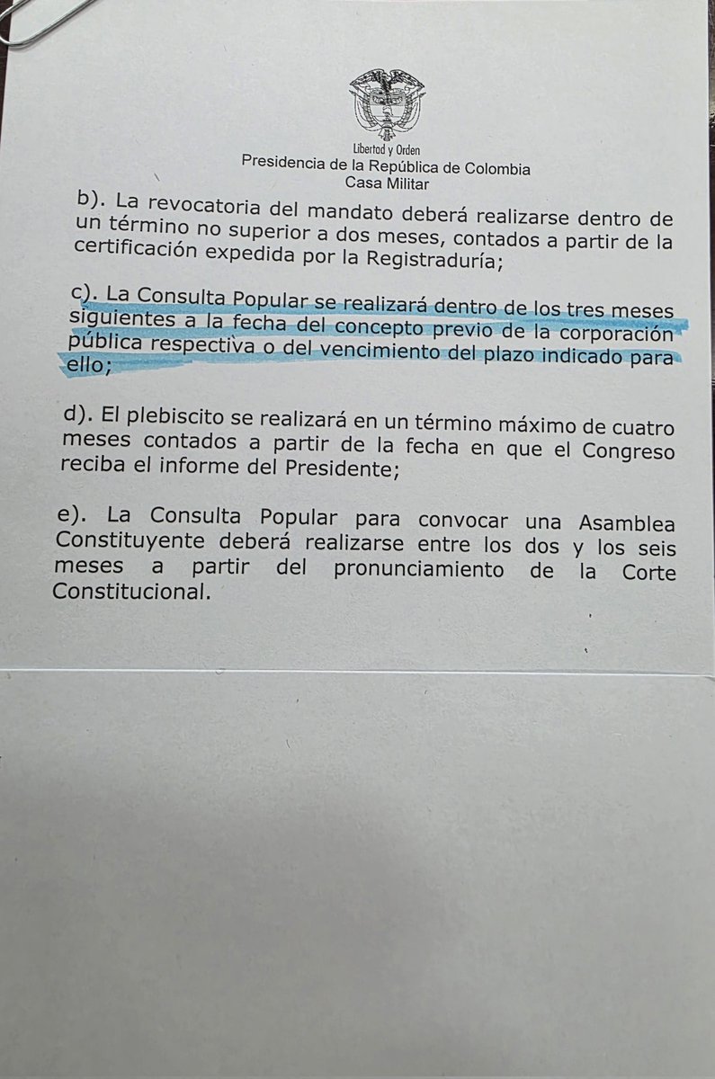 Para quienes afirman desde la prensa que el presidente no puede decretar la consulta popular, si el senado no se pronuncia sobre el concepto previo favorable o no, remito la ley que me faculta. Ley 1757. Literal c, artículo  33.

Aun el senado, por error de su presidente, no ha