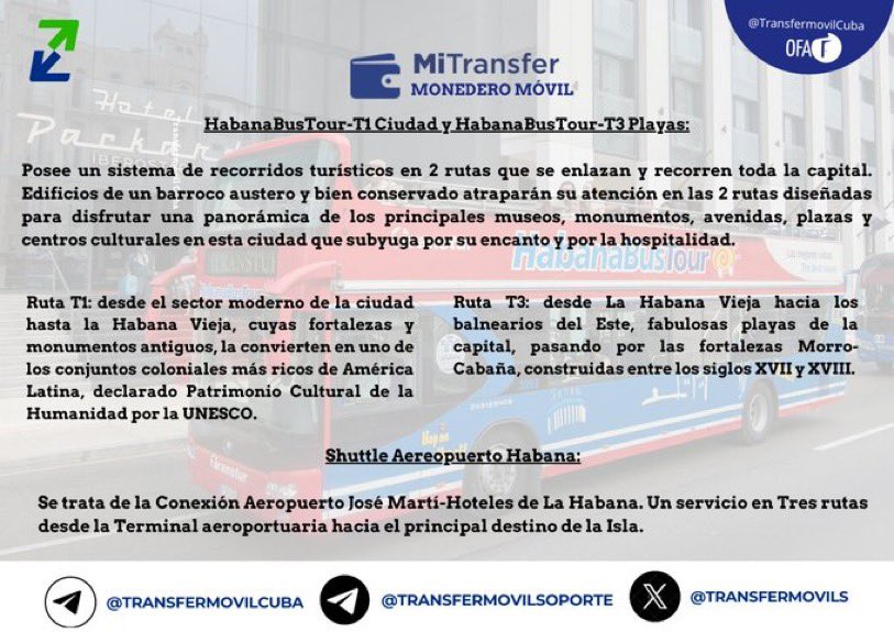 Odailysgr's tweet photo. Nuevas rutas llegan al Monedero móvil #MiTransfer de #Transfermóvil para visitas y recorridos a centros históricos y patrimoniales.
#EtecsaConCuba https://t.co/VbVjlg5eBK