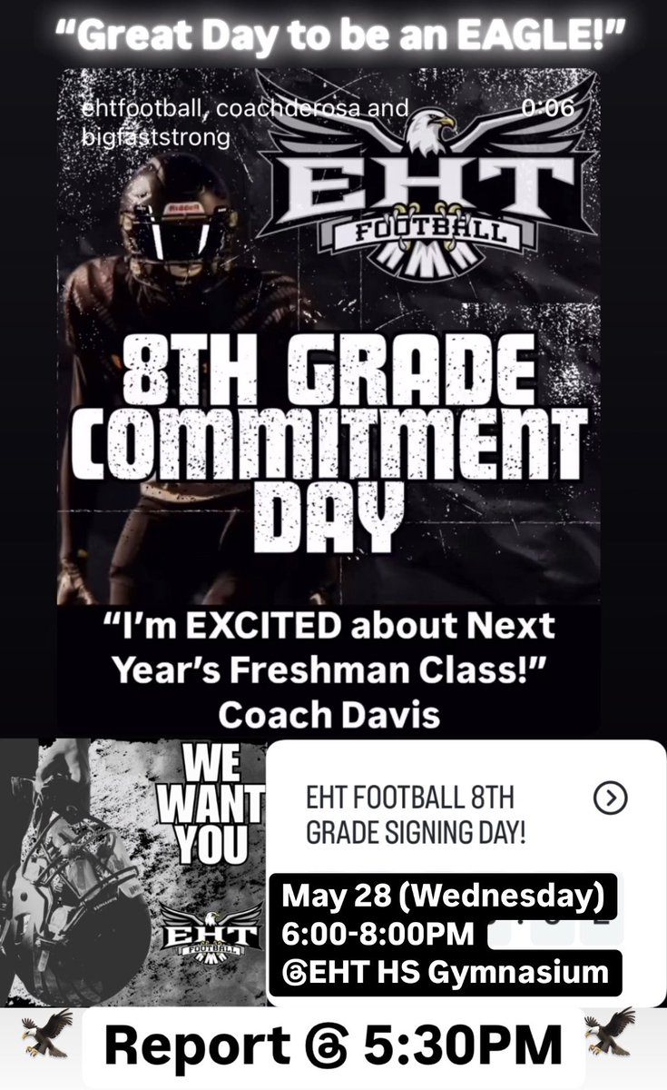 EHT Football (@ehtfb_eagles) on Twitter photo EHT Football 8th Grade Signing Day!
Date: May 28 (Wednesday)
Time: 6-8PM
Where: EHT HS Gymnasium
The 1st official moment of your career. Can’t wait to celebrate with you!
EHT HS Football Staff & Players
EHT HS Marching Band
EHT HS Cheerleaders
<a href="/CoachMove/">Move $canlón</a> <a href="/EHTNJAthletics/">EHT ATHLETICS</a> EHT Football 8th Grade Signing Day!
Date: May 28 (Wednesday)
Time: 6-8PM
Where: EHT HS Gymnasium
The 1st official moment of your career. Can’t wait to celebrate with you!
EHT HS Football Staff & Players
EHT HS Marching Band
EHT HS Cheerleaders
<a href="/CoachMove/">Move $canlón</a> <a href="/EHTNJAthletics/">EHT ATHLETICS</a>