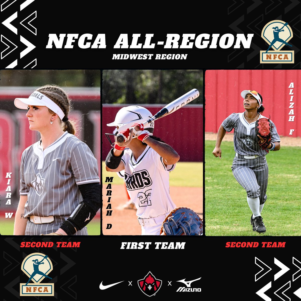NJCAA D1 NFCA All-Region Midwest

𝐅𝐈𝐑𝐒𝐓 𝐓𝐄𝐀𝐌
🔺 Mariah DeBose-OF
𝐒𝐄𝐂𝐎𝐍𝐃 𝐓𝐄𝐀𝐌
🔺Kiara Wiedenhaupt-1B
🔺Alizah Fields-OF

#CardinalNation | #BirdGang