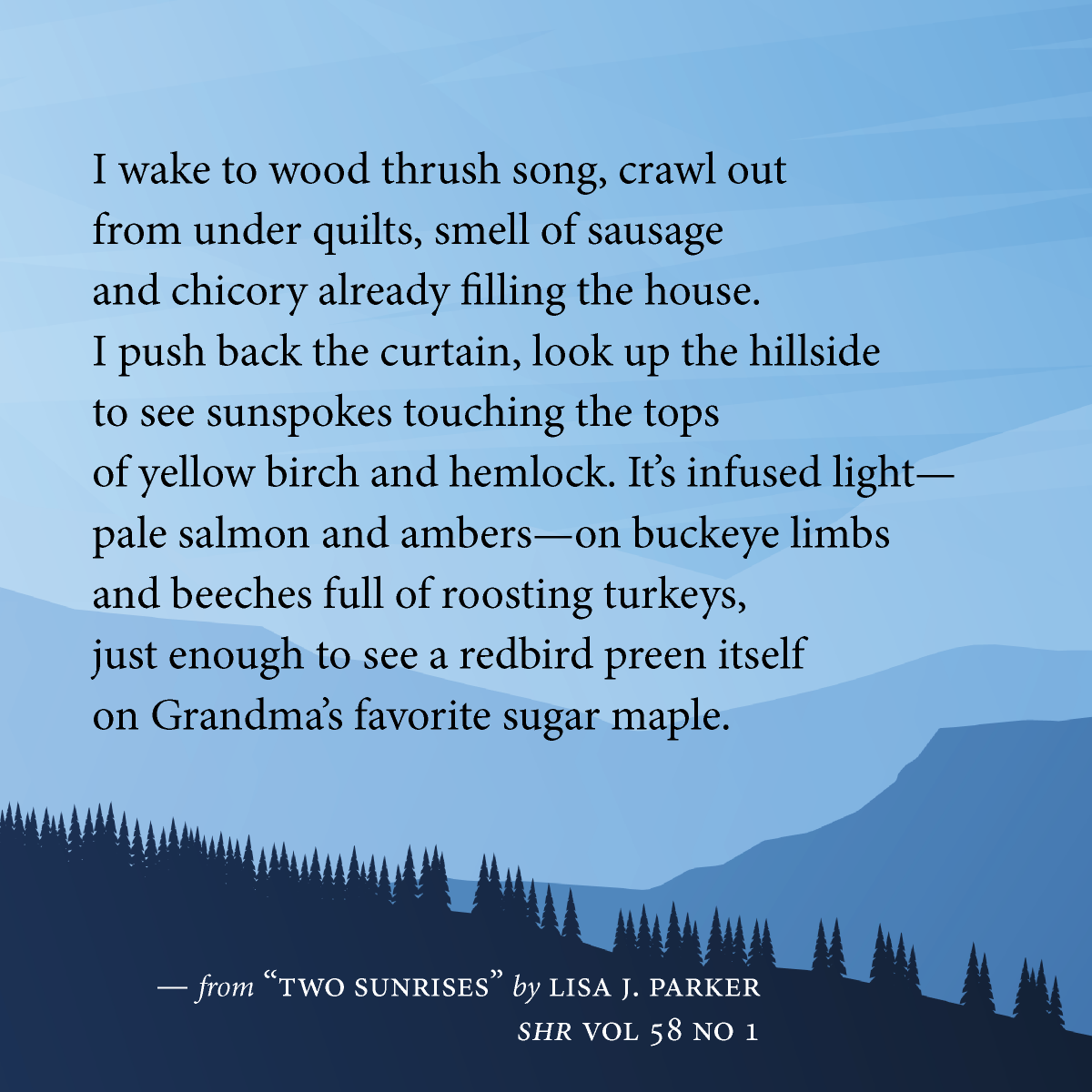 Wake up in the city and in the mountains in "Two Sunrises" by Lisa J. Parker

Read our special Appalachian poetry feature: southernhumanitiesreview.com/current-issue.…

#litmag #writingcommunity #poetry