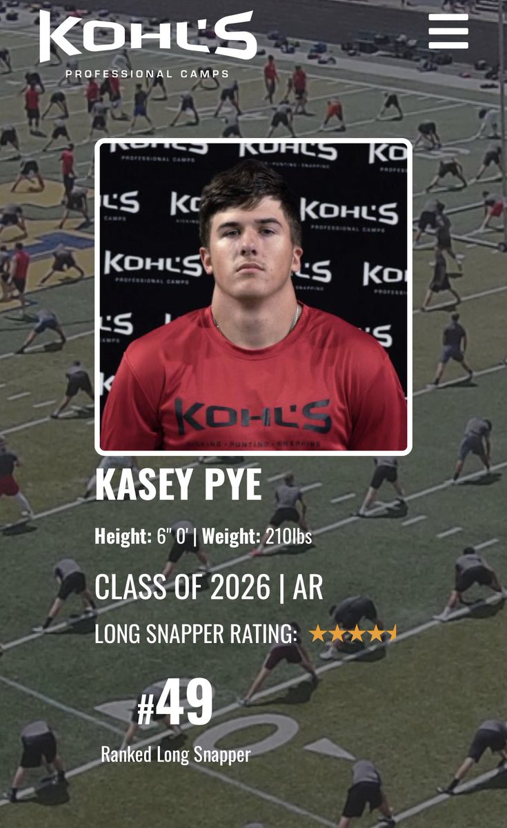 Kasey pye (@kaseypye26) on Twitter photo I am blessed to say that I have been invited to the Khol’s National Scholarship and that I am now a 4.5⭐️ long snapper!!! Thank you <a href="/Coach_Casper/">Coach Casey Casper</a> and <a href="/KohlsKicking/">Kohl's Kicking Camps</a>. I am blessed to say that I have been invited to the Khol’s National Scholarship and that I am now a 4.5⭐️ long snapper!!! Thank you <a href="/Coach_Casper/">Coach Casey Casper</a> and <a href="/KohlsKicking/">Kohl's Kicking Camps</a>.