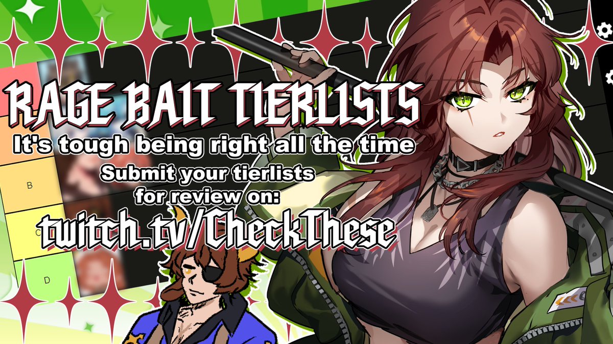 Bear (@bear__seven) on Twitter photo doing some tierlisting with <a href="/CheckTheseNA/">Cassander 🦾🐂 Minotaur Vtuber</a> this Thursday! Feel free to drop some tierlists below that you want us to review (i am extremely opinionated)
if you drop a tierlist i'll timestop the vod and reply to your comment after we review it :) doing some tierlisting with <a href="/CheckTheseNA/">Cassander 🦾🐂 Minotaur Vtuber</a> this Thursday! Feel free to drop some tierlists below that you want us to review (i am extremely opinionated)
if you drop a tierlist i'll timestop the vod and reply to your comment after we review it :)