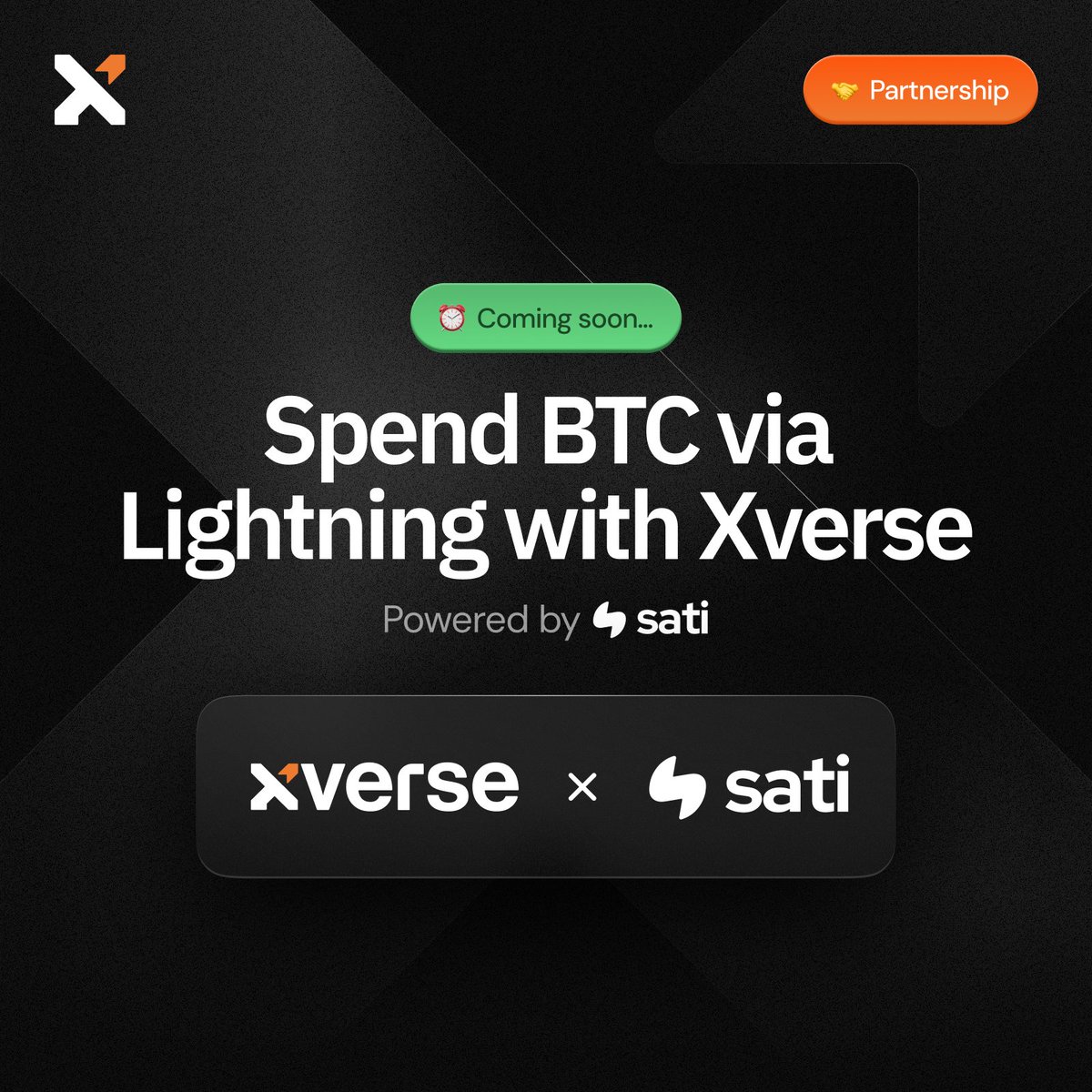 ⚡️ Lightning via Sati &amp; Xverse!

We’re partnering with <a href="/heysati/">Sati ⚡</a> to make it easier than ever to spend BTC via Lightning. Soon you'll be able to connect your Xverse wallet, fund your Lightning address, and zap away.

No setup needed. 🧵👇
