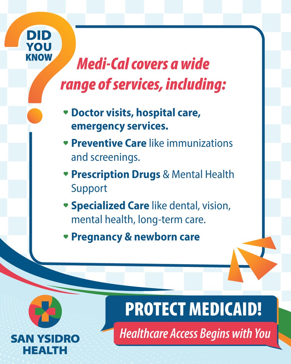 Medi-Cal is vital!🩺

It covers essential health services to keep you and your family healthy.🌟

@nachc @hcpsocal @cpca @cpcaadvocates

#TakeAction #MediCal #SanYsidroHealth #SYHealth #SYH #ValueCHCs #CHCs4CA #FQHC