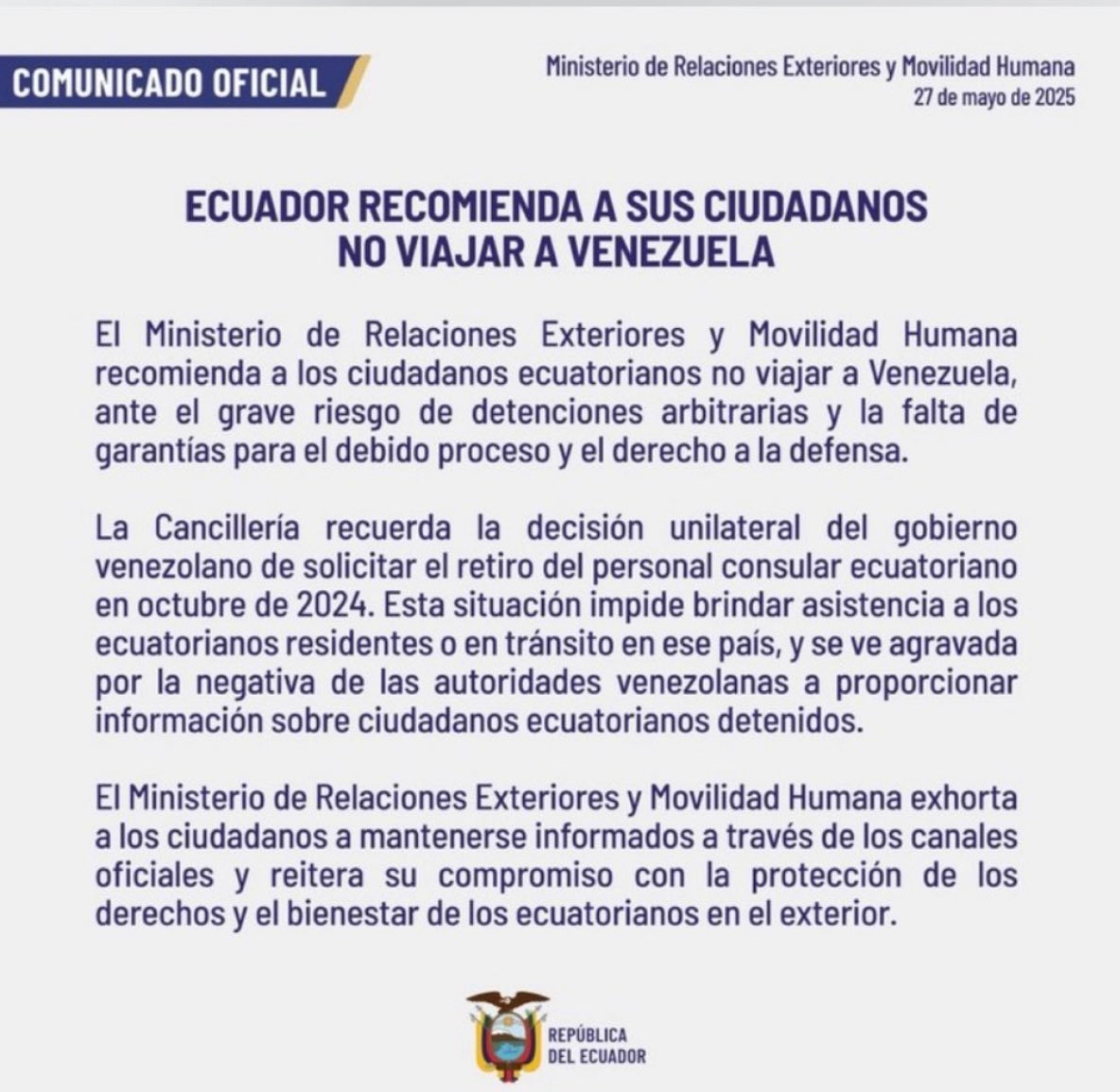 Cancillería de Ecuador recomienda a sus ciudadanos no viajar a Venezuela