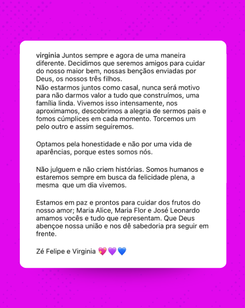poptime's tweet photo. 🚨 MEU DEUS! Zé Felipe e Virgínia anunciaram o TÉRMINO do relacionamento. https://t.co/i7M4hrTR2F