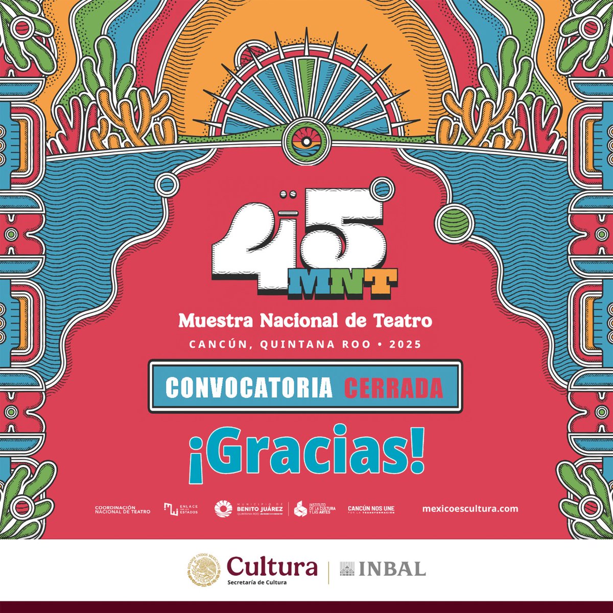 La convocatoria para la 45ª edición de la MNT ha concluido.
Recibimos 483 proyectos de los 32 entidades del país. Agrademos mucho el entusiasmo y la participación para llevar a cabo esta edición.
¡Muy pronto daremos a conocer los resultados!

#TeatroINBAL #ElINBALconlosEstados