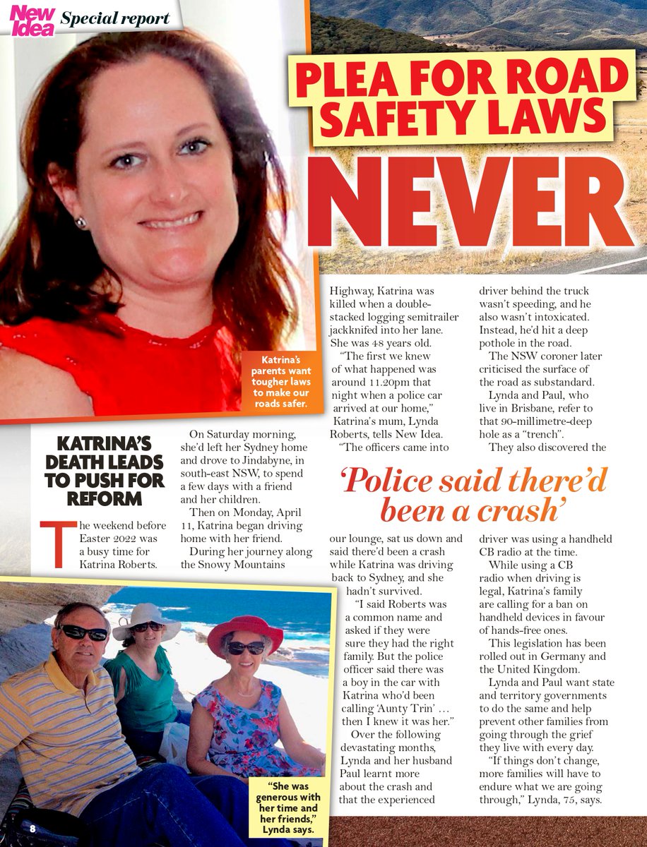 rtsgnsw's tweet image. RTSG members Lynda & Paul Roberts lost their daughter Katrina in a crash with a truck, caused by poor road conditions
They’re calling for tougher road laws, including a ban on handheld CB radios
#RoadSafety #RTSG #FatalityFreeFriday #EndRoadTrauma #NewIdea