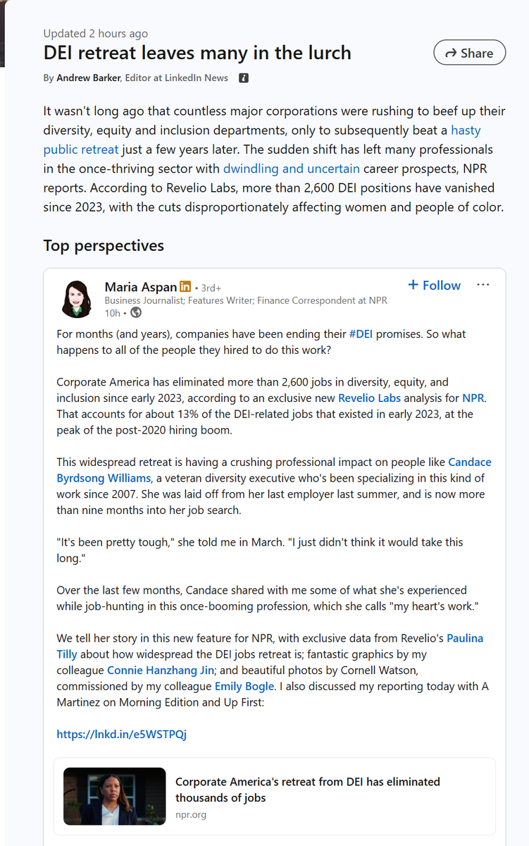 Grummz's tweet photo. DEI experts can't find jobs. Thousands laid off.

DEI experts lament lack of hiring and DEI "retreat" in major corporations.

- 2,600 laid off
-13% of positions closed
- More than 9 months an no new job openings for one DEI expert.

The woke mind virus is in decline and they are feeling the pinch.

I've got zero sympathy for these parasitic positions that have cost so many jobs through an ideology that trashes products, promotes cancel culture and racism,  and treats customers so poorly.